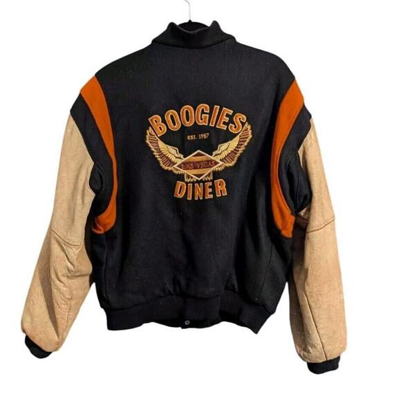 Vintage Boogie's Diner Las Vegas Bomber Varsity Jacket Wool Leather Black Large - Picture 2 of 16